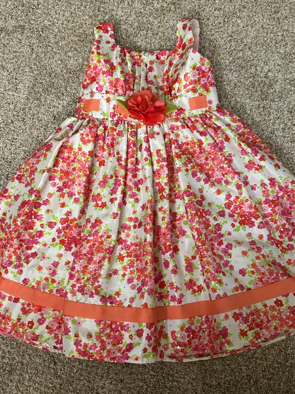Youngland Girls Dress 5 WHITE CORAL PEACHY Flower Girl Satin Rose Tie Ribbon